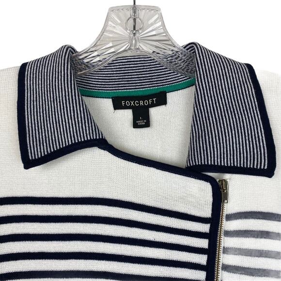 FOXCROFT Cardigan L 100% Cotton Navy White Striped Zip Front Coastal Beachy - Picture 2 of 11